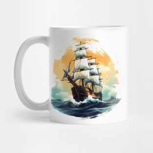 A vintage looking ship sails across the giant waves in a sunset enviornment 4 Mug